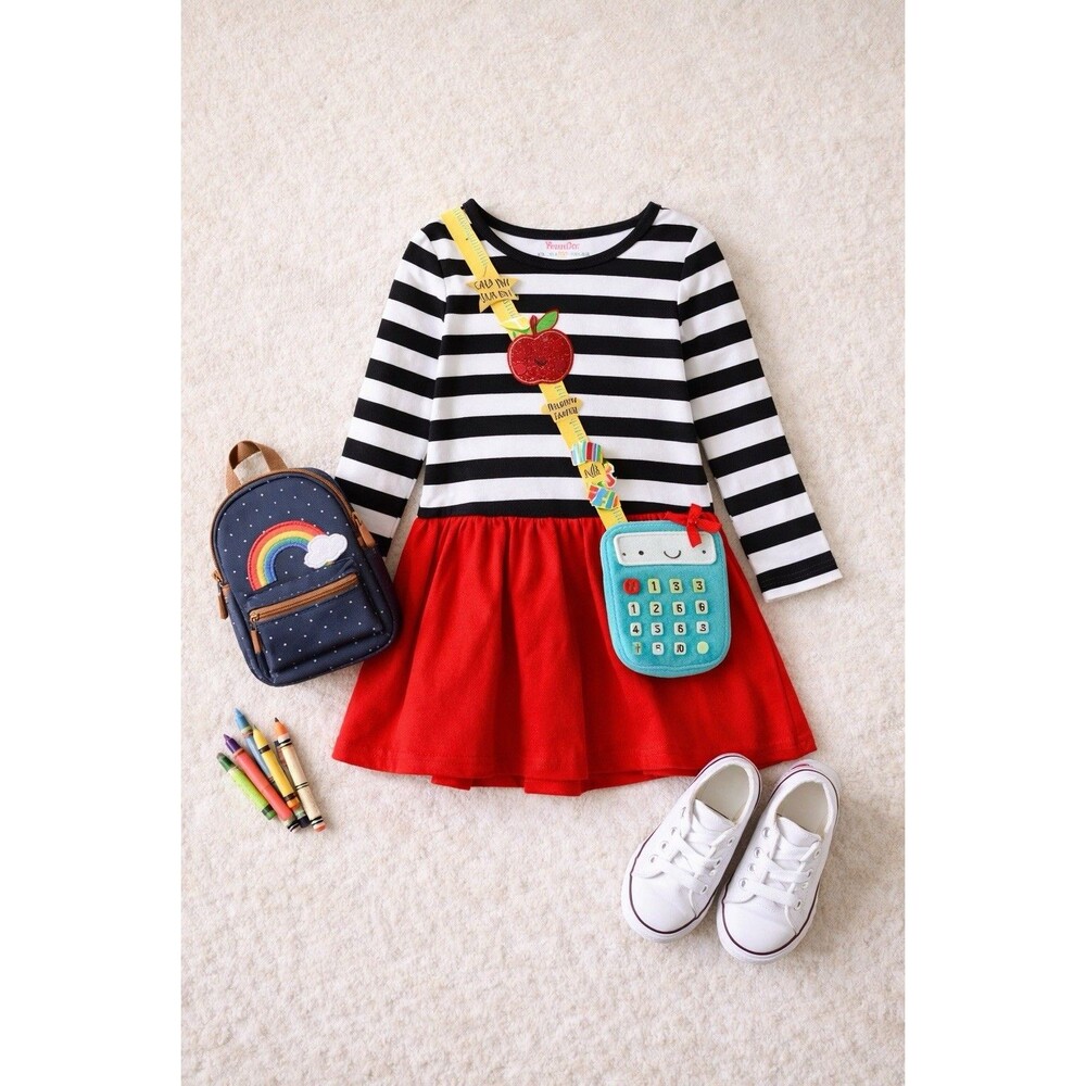 Nannette Kids 3T Teacher Dress Striped Apple Ruler School Red Skirt NWT - Picture 3 of 12